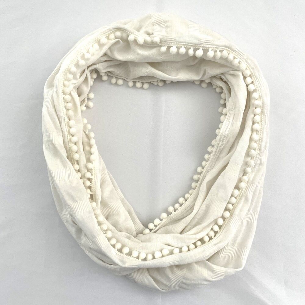 J.Crew Infinity Scarf Ivory Textured Stripe Pom Pom Trim Lightweight One Size